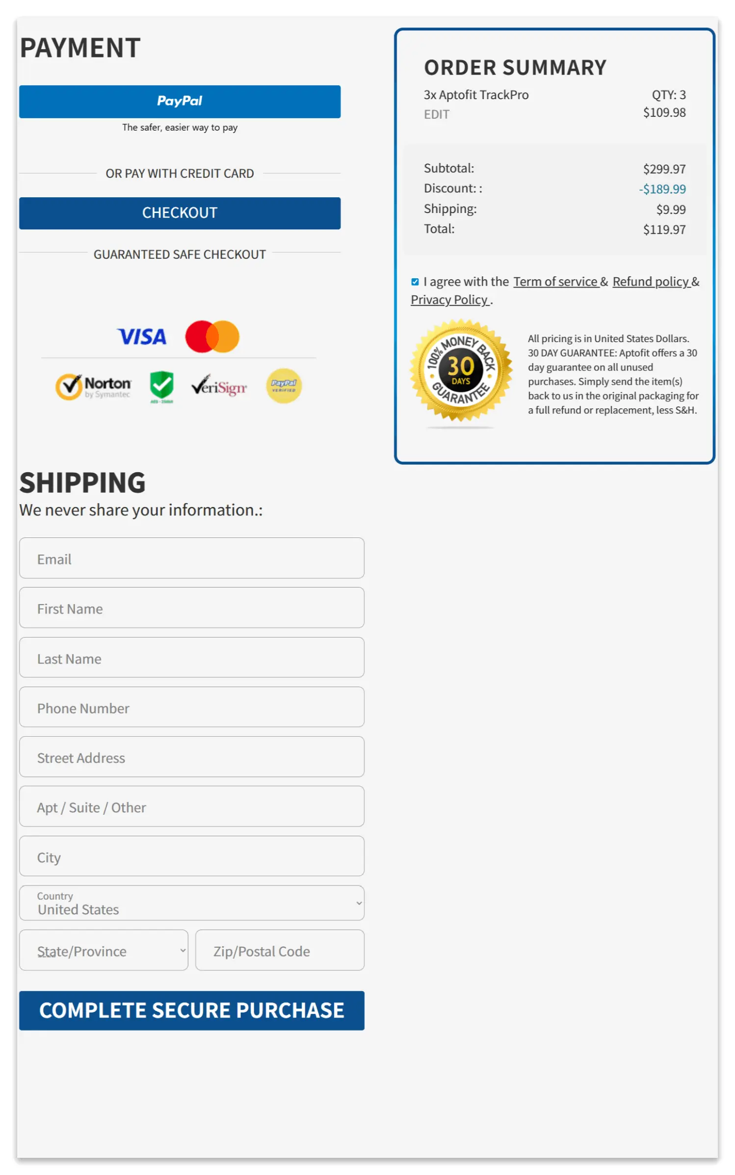 aptofit secure checkout page